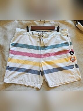 Pendleton/Hurley White Boardshorts with Teal, Pink, Yellow & Gray Stripes